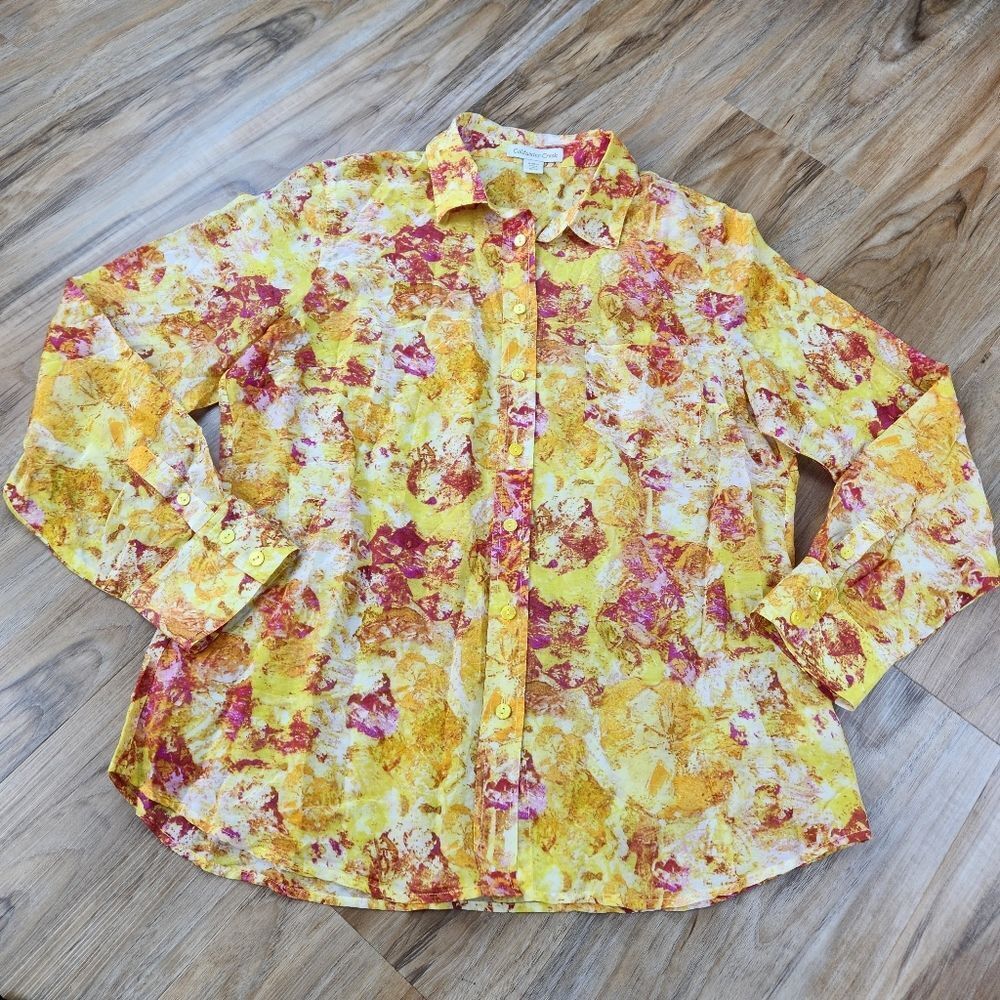 🧵🔺️Coldwater Creek Yellow Floral Print Silk Buttoned Long Sleeve Blouse Medium